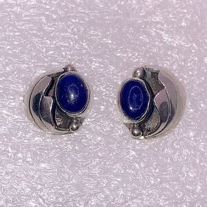 Vtg Navajo Sterling & Lapis Floral Leaf Shadow Box Design Stud Earrings  .5”
